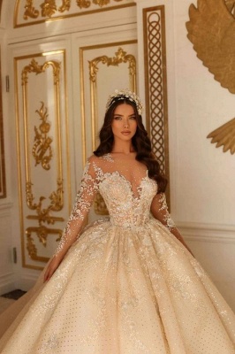 Gorgeous Floral Lace Aline Wedding Dresses with Long Sleeves Dubai Ball Gown_3