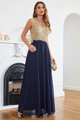 Chic Gold Appliques Aline Bridesmaid Dress Sleeveless V-Neck Chiffon Evening Dresses_11