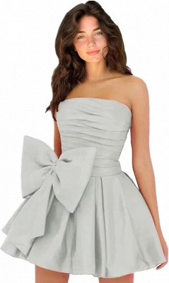 Simple Strapless Ruffle Satin Short Homecoming Dress with Bow_58