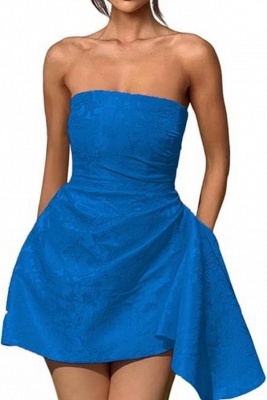 Strapless Ruched Satin Short Party Dress Sleeveless Knee Length Jacquard Homecoming Dress with Pocket_12