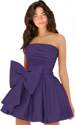 Simple Strapless Ruffle Satin Short Homecoming Dress with Bow_10