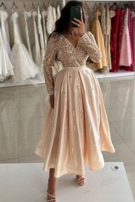 Chic V-Neck Sequins Satin Ankle Length Evening Dress Long Sleeves Beadings Glitter Formal Dress_2