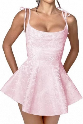 Spaghetti Straps Jacquard Satin Short Homecoming Dress Sleeveless Ruched Mini Party Dress_3