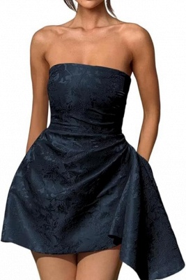 Strapless Ruched Satin Short Party Dress Sleeveless Knee Length Jacquard Homecoming Dress with Pocket_14