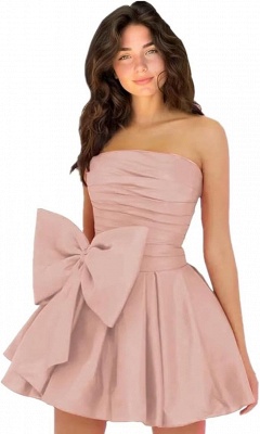 Simple Strapless Ruffle Satin Short Homecoming Dress with Bow_36