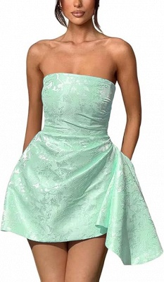 Strapless Ruched Satin Short Party Dress Sleeveless Knee Length Jacquard Homecoming Dress with Pocket_20