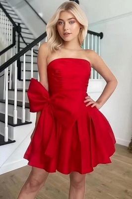 Simple Strapless Ruffle Satin Short Homecoming Dress with Bow_24