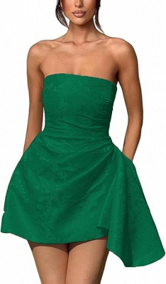 Strapless Ruched Satin Short Party Dress Sleeveless Knee Length Jacquard Homecoming Dress with Pocket_17