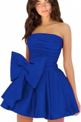 Simple Strapless Ruffle Satin Short Homecoming Dress with Bow_56