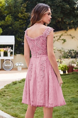 Elegant Round Neck Sleeveless Short Homecoming Dress Tulle Lace Appliques Mini Party Dress_13