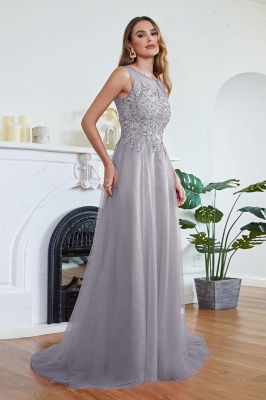 Stylish Scoop Neck Tulle Aline Evening Dress Floral Lace Long Bridesmaid Dresses Sleeveless_7