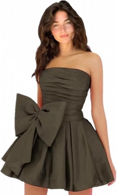 Simple Strapless Ruffle Satin Short Homecoming Dress with Bow_6