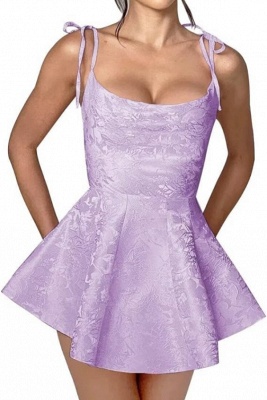 Spaghetti Straps Jacquard Satin Short Homecoming Dress Sleeveless Ruched Mini Party Dress_6