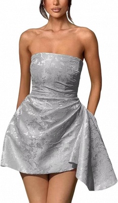 Strapless Ruched Satin Short Party Dress Sleeveless Knee Length Jacquard Homecoming Dress with Pocket_16