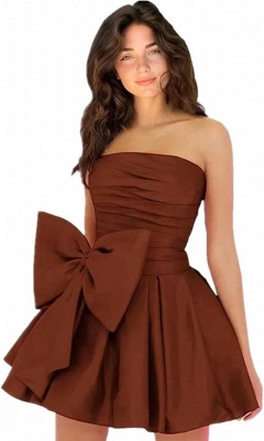 Simple Strapless Ruffle Satin Short Homecoming Dress with Bow_5