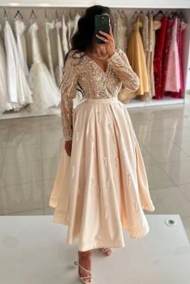 Chic V-Neck Sequins Satin Ankle Length Evening Dress Long Sleeves Beadings Glitter Formal Dress