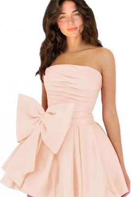 Simple Strapless Ruffle Satin Short Homecoming Dress with Bow_52