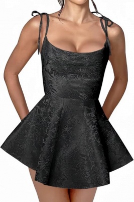 Spaghetti Straps Jacquard Satin Short Homecoming Dress Sleeveless Ruched Mini Party Dress_9