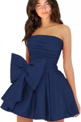 Simple Strapless Ruffle Satin Short Homecoming Dress with Bow_15