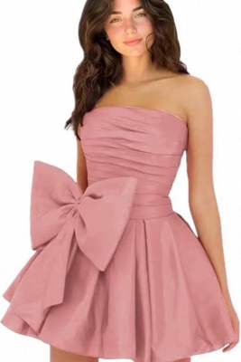 Simple Strapless Ruffle Satin Short Homecoming Dress with Bow_2