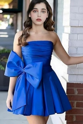 Simple Strapless Ruffle Satin Short Homecoming Dress with Bow_23