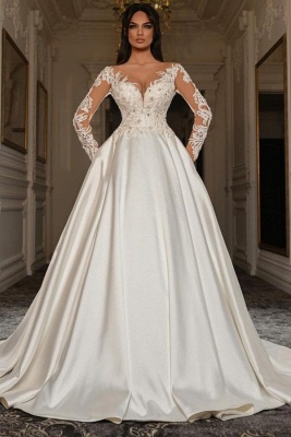 Charming Satin Aline Wedding Dress with Sleeves Aline Floral Lace Ball Gown