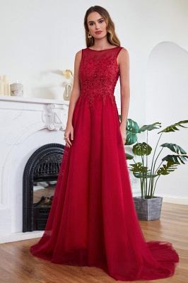 Stylish Scoop Neck Tulle Aline Evening Dress Floral Lace Long Bridesmaid Dresses Sleeveless_2