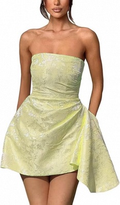 Strapless Ruched Satin Short Party Dress Sleeveless Knee Length Jacquard Homecoming Dress with Pocket_8