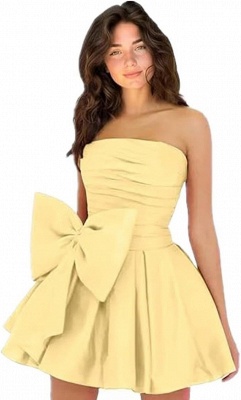 Simple Strapless Ruffle Satin Short Homecoming Dress with Bow_9