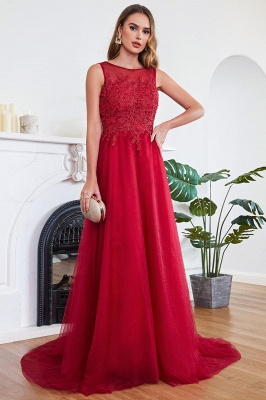 Stylish Scoop Neck Tulle Aline Evening Dress Floral Lace Long Bridesmaid Dresses Sleeveless_13