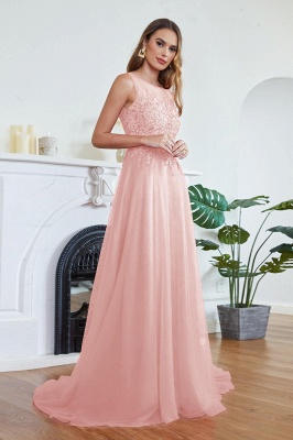 Stylish Scoop Neck Tulle Aline Evening Dress Floral Lace Long Bridesmaid Dresses Sleeveless_16