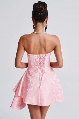 Strapless Ruched Satin Short Party Dress Sleeveless Knee Length Jacquard Homecoming Dress with Pocket_25