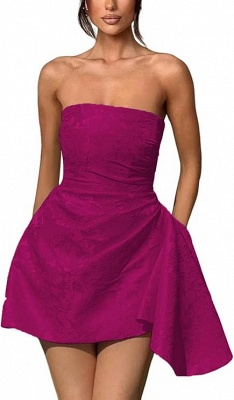 Strapless Ruched Satin Short Party Dress Sleeveless Knee Length Jacquard Homecoming Dress with Pocket_5