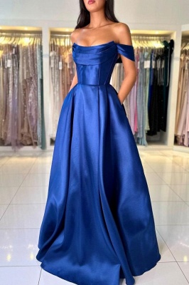 Off-the-Shoulder Royal Blue Floor Length Formal Dress Ruffle Satin Evening Dress_2