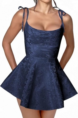 Spaghetti Straps Jacquard Satin Short Homecoming Dress Sleeveless Ruched Mini Party Dress_8