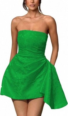 Strapless Ruched Satin Short Party Dress Sleeveless Knee Length Jacquard Homecoming Dress with Pocket_18