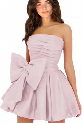 Simple Strapless Ruffle Satin Short Homecoming Dress with Bow_45