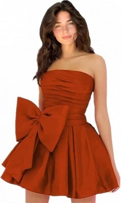 Simple Strapless Ruffle Satin Short Homecoming Dress with Bow_29