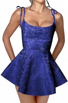 Spaghetti Straps Jacquard Satin Short Homecoming Dress Sleeveless Ruched Mini Party Dress_7