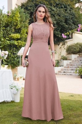 Elegant Round Neck Floral Lace Chiffon Bridesmaid Dress Sleeveless Floor Length Wedding Party Dress