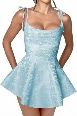 Spaghetti Straps Jacquard Satin Short Homecoming Dress Sleeveless Ruched Mini Party Dress_23