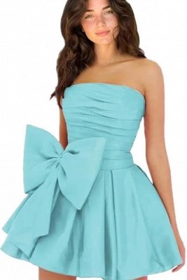 Simple Strapless Ruffle Satin Short Homecoming Dress with Bow_13