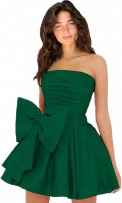 Simple Strapless Ruffle Satin Short Homecoming Dress with Bow_17