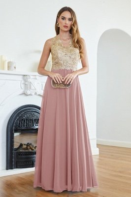 Chic Gold Appliques Aline Bridesmaid Dress Sleeveless V-Neck Chiffon Evening Dresses