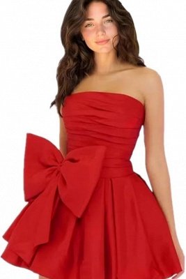 Simple Strapless Ruffle Satin Short Homecoming Dress with Bow_54