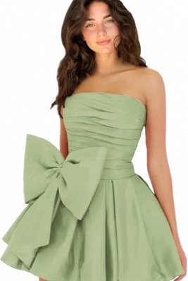 Simple Strapless Ruffle Satin Short Homecoming Dress with Bow_57