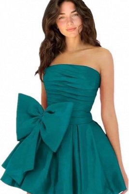 Simple Strapless Ruffle Satin Short Homecoming Dress with Bow_18