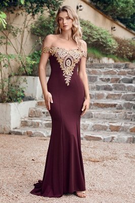 Off-the-Shoulder Mermaid Prom Dress Gold Appliques Long Evening Dress