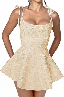 Spaghetti Straps Jacquard Satin Short Homecoming Dress Sleeveless Ruched Mini Party Dress_5