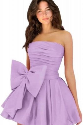 Simple Strapless Ruffle Satin Short Homecoming Dress with Bow_11